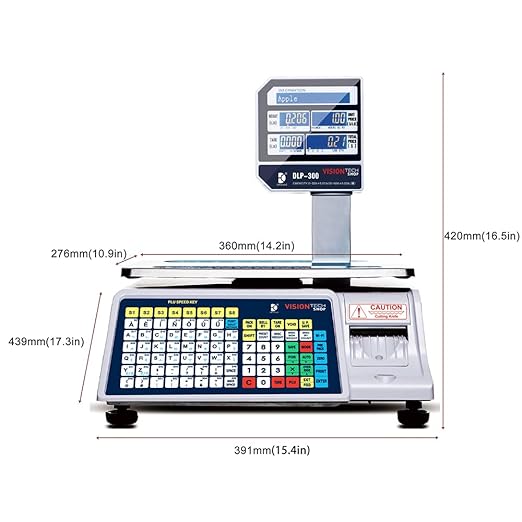 VisionTechShop DLP-300 Label Printing Scale Pole Display, 30/60lbs Capacity, 0.01/0.02lbs, NTEP Legal for Trade with a Free 1 case CAS LST-8040 UPC/Safe Handling Label, 58 x 60 mm