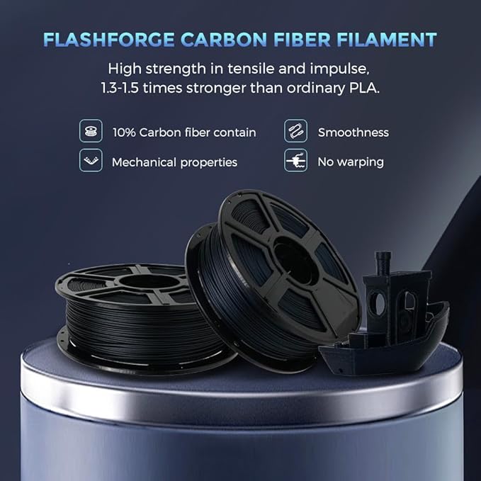 FLASHFORGE Carbon Fiber PLA Filament 1.75mm, Carbon Fiber Reinforced PLA 3D Printer Filament, 1KG Spool Dimensional Accuracy +/- 0.02mm, High Strength & High Abrasion-Resistance (PLA-CF Black)