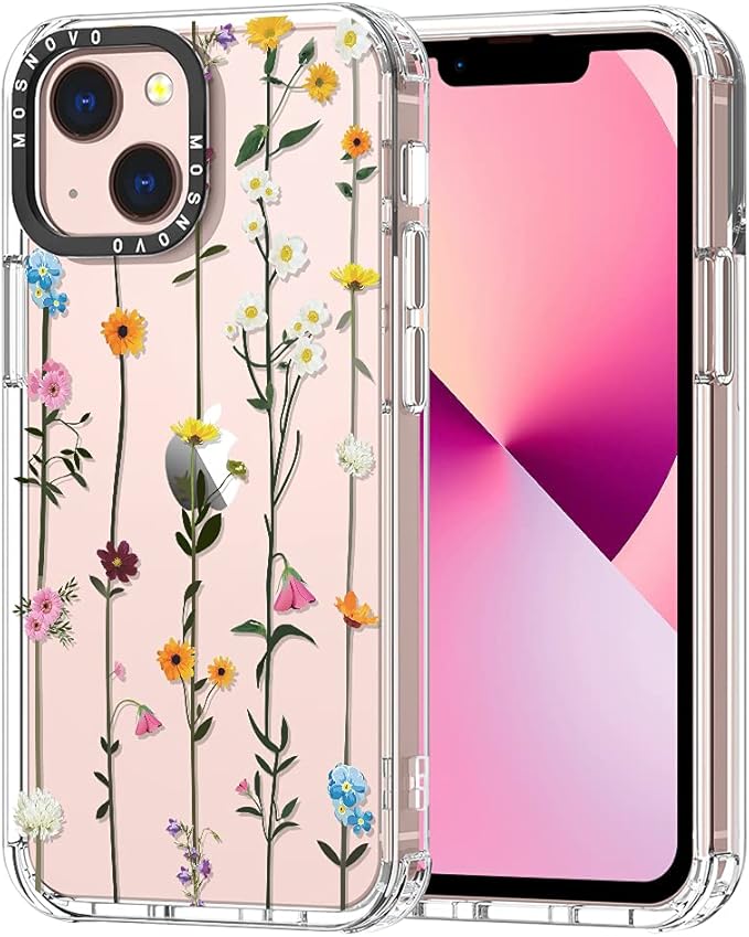 MOSNOVO Case for iPhone 13, [Buffertech 6.6ft Military-Grade Drop Protection] [Anti Peel Off Tech] Clear TPU Bumper Phone Case Cover Design - Wildflowers