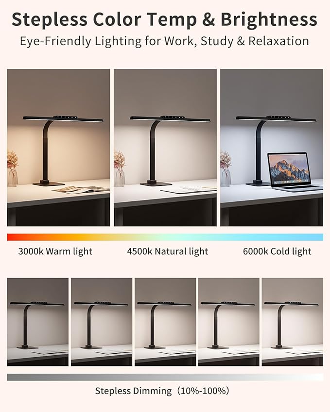 Desk Lamps for Office with Stable Base, 24W Touch Control Brightness Adjustable Tall Desk Lights, Eye-Caring Architect Task Light, Dimmable Brightness & Color Computer Lights for Desktop, Black