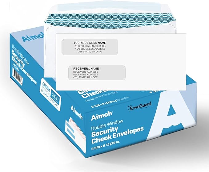 Aimoh 500#8 Double Window Gummed Security Envelopes - for Business Checks, QuickBooks & Quicken Checks, Size 3 5/8 x 8 11/16 Inches - Checks Fit Perfectly - Not for Invoices, 500 Count (30181)
