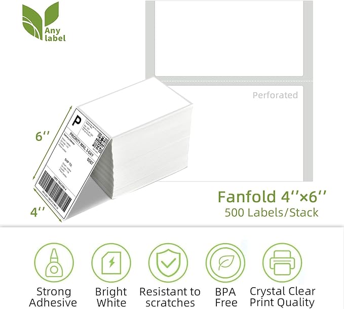 8 Stacks 4" x 6" Fanfold Direct Thermal Labels, 4000 Labels (500/Stack), Compatible with Zebra, Rollo, MUNBYN, NELKO Printers