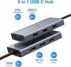 USB C Docking Station Dual Displayport Monitor Adapter for Dell/HP/Lenovo Laptop, Laptop Docking Station 3 Monitors with HDMI 4K+2 DP+VGA USB-C Hub Quadruple Display, Thunderbolt Dock to 100W PD+3USB