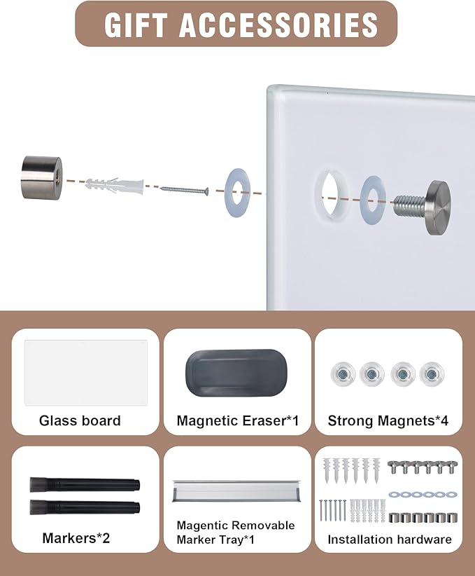Magnetic Glass Whiteboard，24"x18" Wall Mounted Frameless Dry Erase Board for Office, Home & School Ultra White