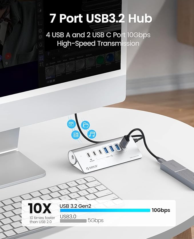 ORICO 7 Port USB Hub 10Gbps, Aluminum USB 3.2 Gen 2 Hub, 6 USB 3.2 Data Ports, 1 PD 60W Ports, 24V 3A Power Adapter, 3.28Ft A to C Cable, USB Data Hub for Laptop