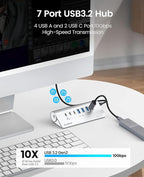 ORICO 7 Port USB Hub 10Gbps, Aluminum USB 3.2 Gen 2 Hub, 6 USB 3.2 Data Ports, 1 PD 60W Ports, 24V 3A Power Adapter, 3.28Ft A to C Cable, USB Data Hub for Laptop