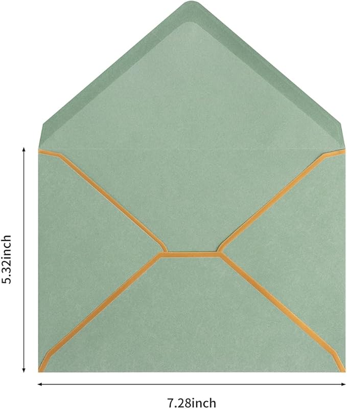 Homtable 50 Pack Sage Green A7 Envelopes 5 x 7 Self-Adhesive V Flap Envelopes with Gold Border for Office, Greeting Card, Wedding, Graduation, Baby Shower, Parties, Invitations (Sage Green, 5x7)