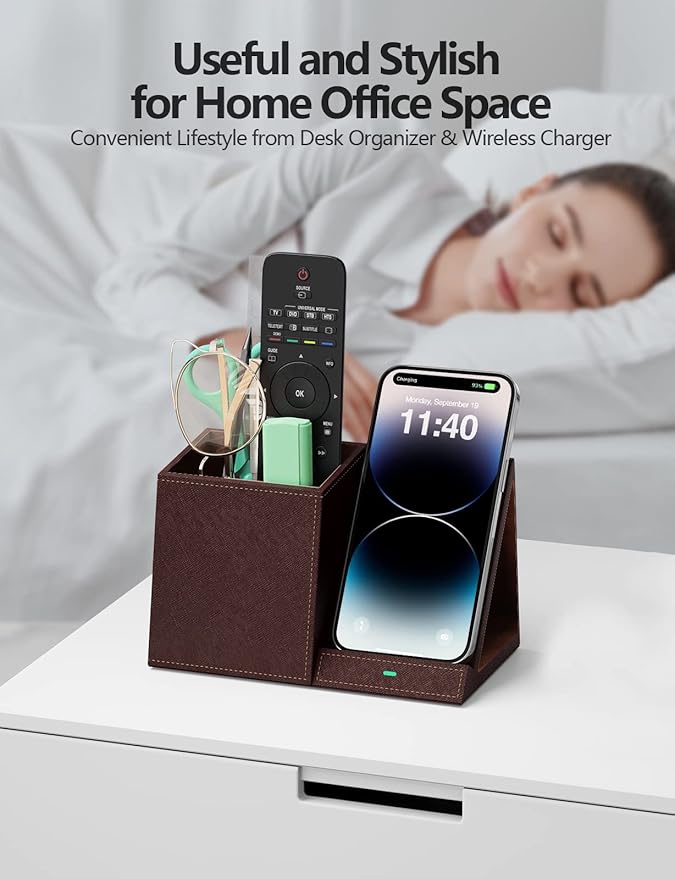 Desk Supplies Organizer, Multi-Functional Pencil Pen Holder with Wireless Charger, Desktop Stationery Organizer, Home Office Supply Storage Box Caddy (Brown)