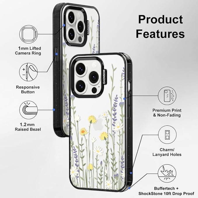 MOSNOVO Case for iPhone 14 Pro, [10ft 4X Military-Grade Drop Protection] Durable & Shockproof Phone Case Cover Design for iPhone 14 Pro - Wild Meadow - Clear Black