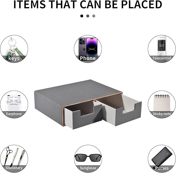 Linen Leather Desk Organizer with Drawers－Mini Desktop Drawer Organizer Stackable－Multifunctional Tabletop Organization Storage Box for Office Supplies Home Vanity Toiletries (Grey, 2-drawers)