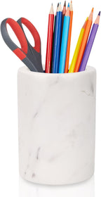 WORHE Natural Marble Pen Holder for Desk, Handcrafted Volakas Sturdy Desk Organizer for Office Supplies Storage Desktop Stationary Makeup Brushes Cup Pencil Holders for Home White (DL002)