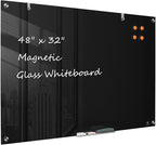 TSJ OFFICE Glass Dry-Erase Board - 48 x 32 Inches Wall Mounted Black Glass Magnetic Whiteboard, Large Frameless White Board for Office, Home & School
