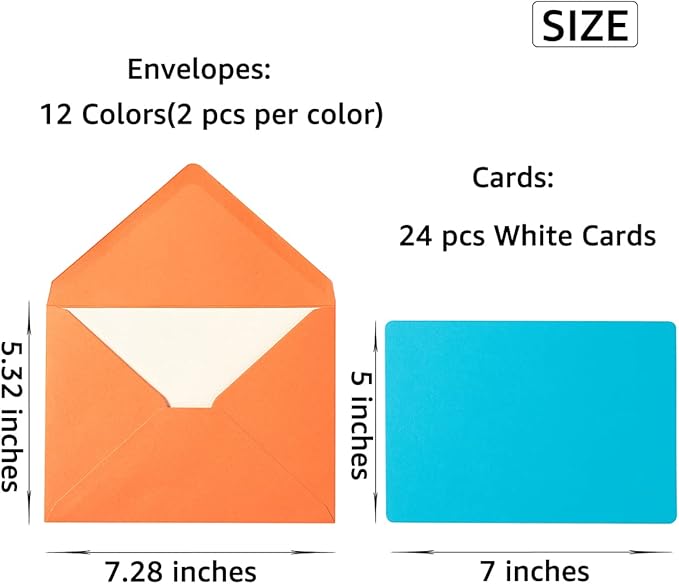 Wishop A7 Colorful Gummed Envelopes and Blank Cards 24 Pieces A7 Envelopes and 24 Pieces 5x7 Colorful Flat Cards for Weddings, Invitations, Birthday, Baby Shower (Multicolor)