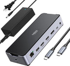 USB C Docking Station 3 Monitors Laptop Dock Dual Monitor with 2 HDMI DisplayPort 4K144Hz,USB A 2.0/3.0,USB C 3.1 10Gbps&30W Output,Ethernet,MicroSD&SD,Audio&Mic,150W DC Power for Dell/Lenovo/HP