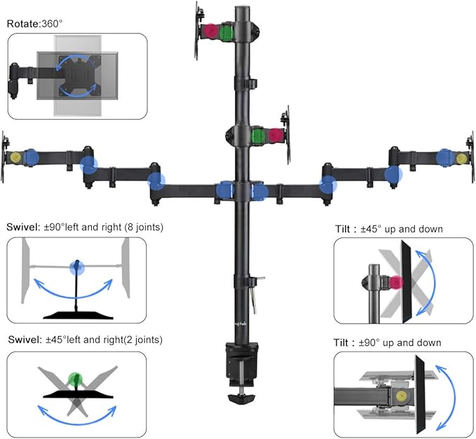 Suptek Quad LED LCD Monitor Stand up Desk Mount Extra Tall 31.5 inch Pole Heavy Duty Fully Adjustable Stand for 4 (3+1) / Four Screens up to 27 inch (MD6864)
