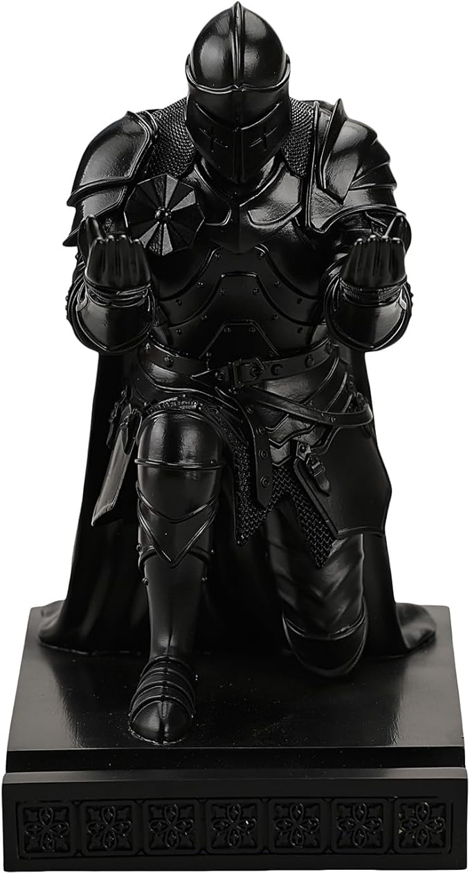 Medieval Armored Warrior Wearing Outerwear, Mobile Phone Stand Knight Pen Holder Desk Organizers, Resin Bookends Paperweight with a Letter Opener for Desk (Black)