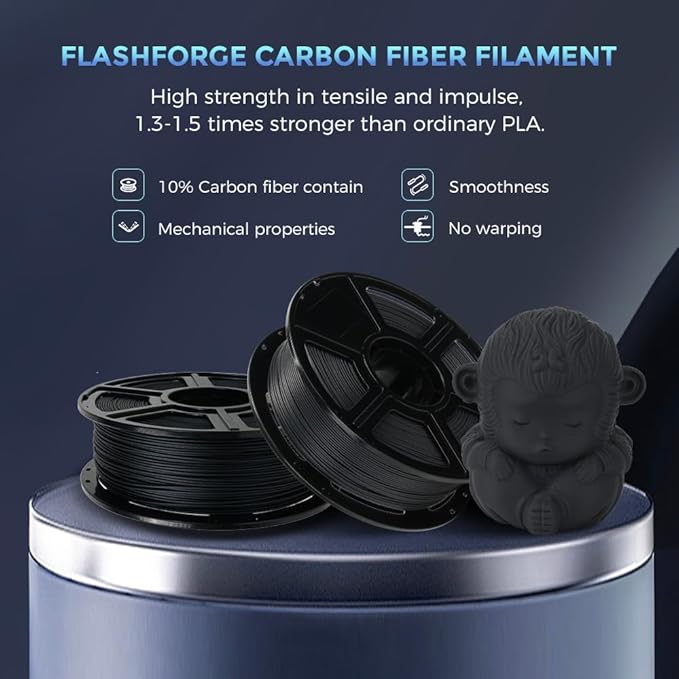 FLASHFORGE Carbon Fiber PLA Filament 1.75mm, Carbon Fiber Reinforced PLA 3D Printer Filament, 1KG Spool Dimensional Accuracy +/- 0.02mm, High Strength & High Abrasion-Resistance (Volcanic Rock Gray)