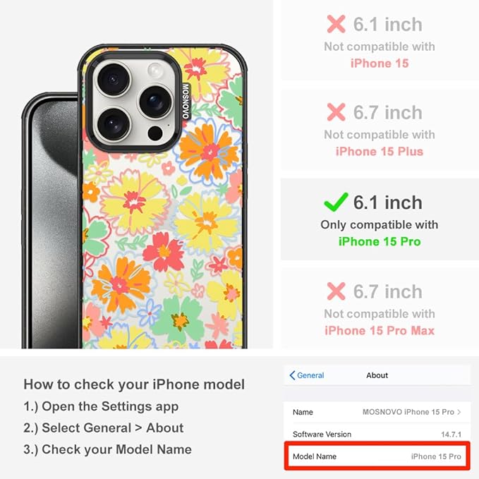 MOSNOVO Case for iPhone 15 Pro, [10ft 4X Military-Grade Drop Protection] Durable & Shockproof Phone Case Cover Design for iPhone 15 Pro - Retro Boho Hippie Flowers - Clear Black