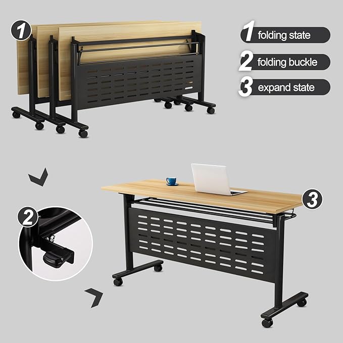 Foldable Conference Table, Folding Conference Room Table with Wheels, Modern Rectangle Flip Top Mobile Training Table for Office Room Classroom (2pack 63in)