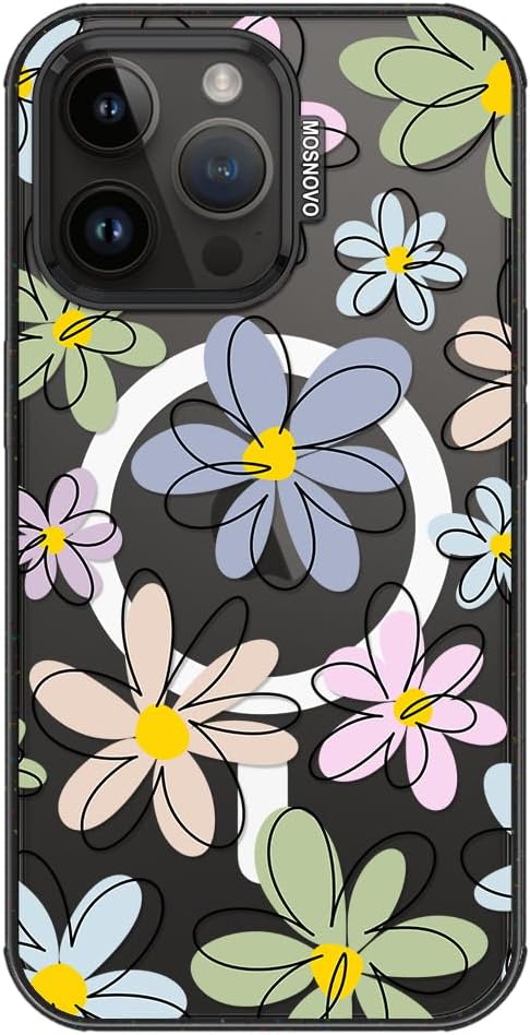 MOSNOVO Magnetic Case for iPhone 14 Pro Max, 10ft Military-Grade Protection, Compatible with Magsafe, Shockproof Phone Case for iPhone 14 Pro Max - Linear Blooms - Clear Black