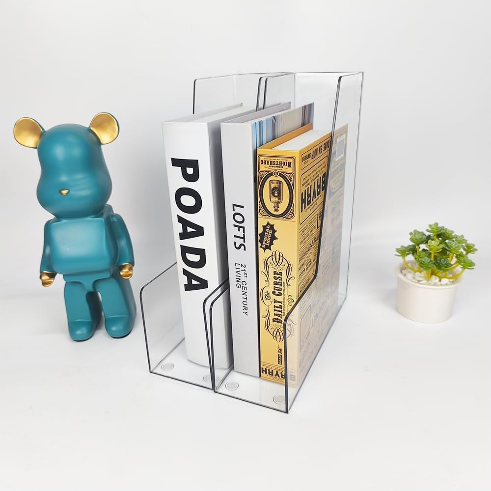 Vertical File Holder, 2 Pack Plastic Document Organizer and Clear Magazine Holder, Multi-purpose for Home Office (Clear)