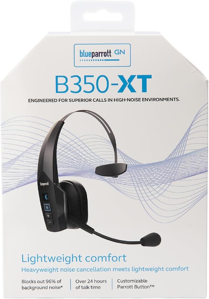 BlueParrott B350-XT Mono Bluetooth Wireless Headphones 96% Noise Canceling Over Head Trucker Headset with Mic, Adjustable Lightweight Headband, IP54-Rated Protection, 24 hrs. Talk Time, Black
