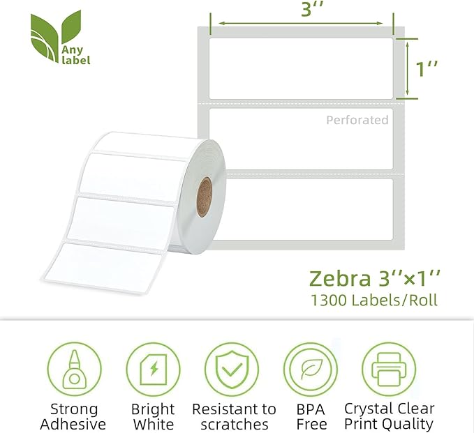Compatible 3" x 1" Direct Thermal Labes Replacement for Barcodes Postage Address Shipping Compatible with Rollo & Zebra Desktop Printers Adhesive & Perforated (12 Rolls, 1300 Labels/Roll)
