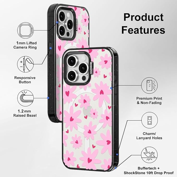 MOSNOVO Magnetic Case for iPhone 15 Pro Max, 10ft Military-Grade Protection, Compatible with Magsafe, Shockproof Phone Case for iPhone 15 Pro Max - Love in Bloom - Clear Black