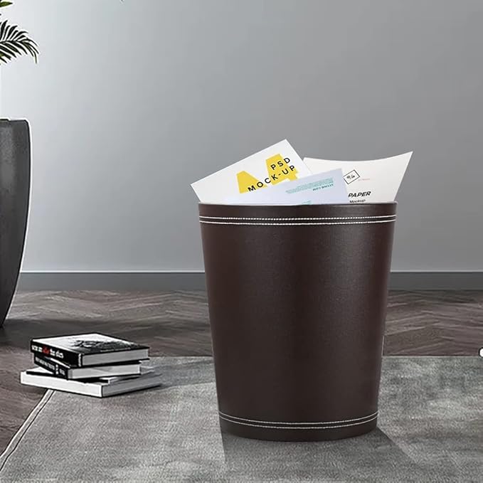 KINGFOM Classic Pu Leather Trash Can Wastebasket, Garbage Container Can for Bathrooms, Powder Rooms, Kitchens, Home, Office and and High Class Hotel Round Brown