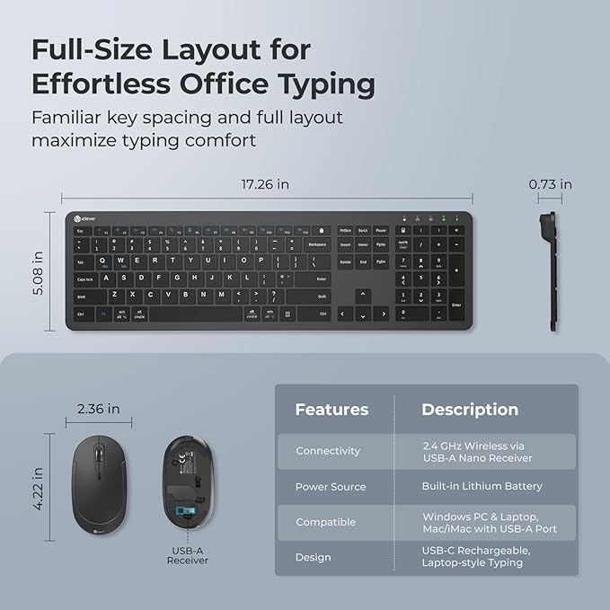 iClever Wireless Keyboard and Mouse, GK08 Rechargeable Keyboard Mouse Combo, Ergonomic, Quiet, Full Size Design with Number Pad, 2.4G Connection for Mac, Windows and Computer