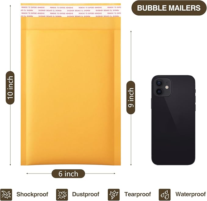 UCGOU Kraft Bubble Mailers 6x10 Inch 50 Pack Usable Size 6x9 Inch Yellow Padded Envelopes #0 Small Business Mailing Packages Self Sealing Tear Resistant Boutique Shipping Bags for Jewelry Supplies
