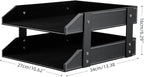 KINGFOM Letter Tray, Leather Paper Organizer Tray, Wooden Desk File Holder, Desktop File, Stackable Magazine Holder, Mail Sorter, Great for Home or Office - 2 Level Black