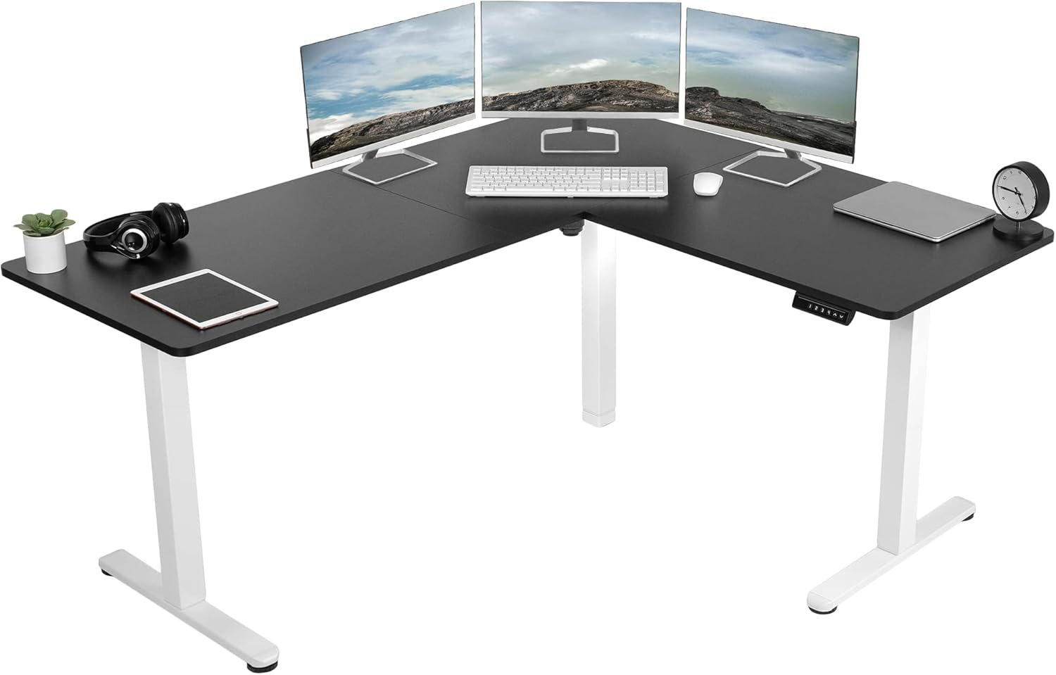 VIVO Electric Corner L-Shaped 63 x 55 in Standing Desk, Memory Height Adjustment, Black Top White Frame, DESK-E3CTWB