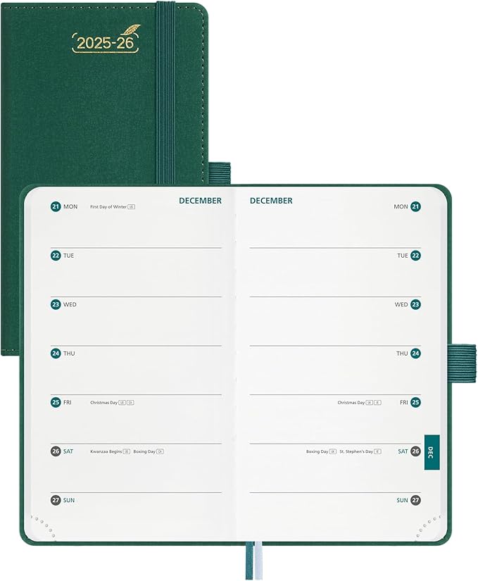 BEZEND Pocket Planner 2025-2026 Weekly with 2 Columns, 18-Month Academic Calendar (Jul 25-Dec 26), Life Work Appointment, Storage Pocket, Pen Holder, PU Leather Hardcover 3.5" x 6" - Evergreen