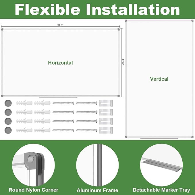 Lockways Dry Erase Board 96 x 48 Inch, Large Magnetic 4 x 8 White Board, Aluminium Frame Whiteboard with Marker Tray for Office & School