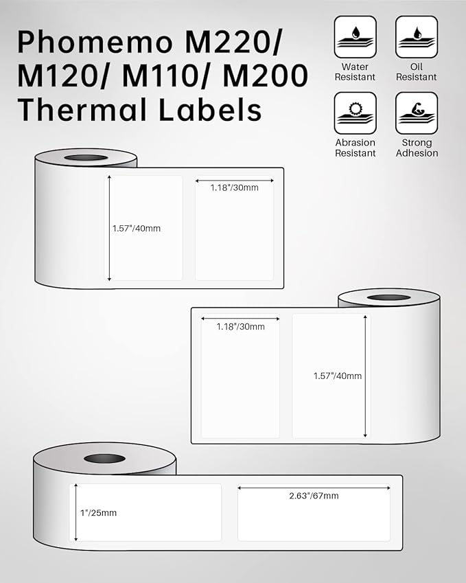 Phomemo Labels Set, M220 M110 M108 M250 M260 M150 M221 M120 M200 Label Maker Tape,Black on White Thermal Paper Self-Adhesive Stickers, Include 1.57'' x 1.18'',1.96'' x 1.18'',1" x 2-5/8"