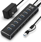 Powered USB 3.0 /USB C Hub, ikuai Aluminium 7-Port USB Hub Splitter with AC Adapter LED Individual On/Off Switches and 3.3ft Extended Long Cable for Laptop, Mac, PC, Flash Drive, Mobile HDD