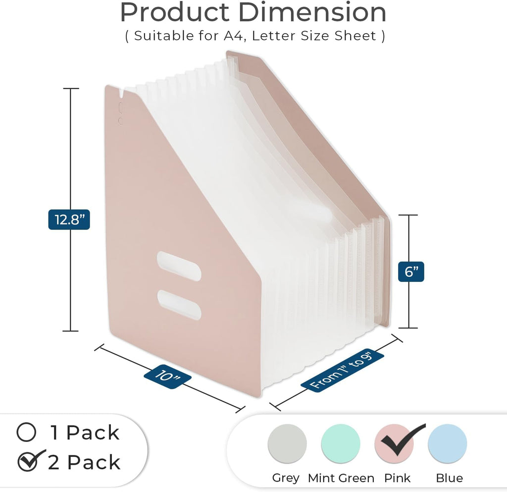 Y YOMA 2 Pack Expanding Magazine Holder with 13 Pockets | Portable Desktop Plastic Self Standing Accordion File Organizer for A4 Letter Size Document Storage Home Office School, Pink