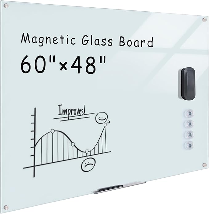 Magnetic Glass Whiteboard，60"x48" Wall Mounted Frameless Dry Erase Board for Office, Home & School White