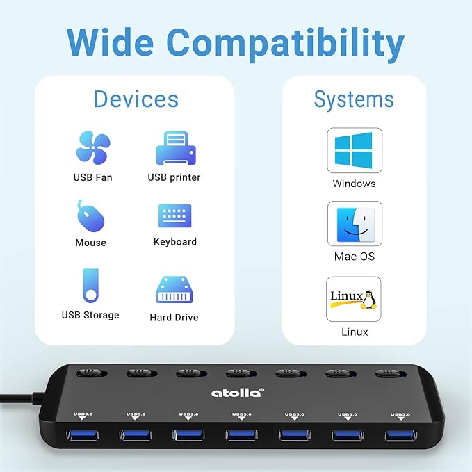 atolla 7-Port USB 3.0 Hub Splitter, USB Extender Ultra Slim Data USB Hub with Individual Power Switch and LEDs