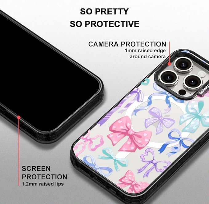 MOSNOVO Magnetic Case for iPhone 15 Pro, 10ft Military-Grade Protection, Compatible with Magsafe, Shockproof Phone Case for iPhone 15 Pro - Bows - Clear Black