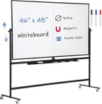 Large Magnetic Mobile Whiteboard 96"x48", Rolling Double Sided Stand Whiteboard on Wheels, Reversible Adjustable Height/Angle Dry Erase Board 8' x 4' Easel White Board for Office Classroom, Black