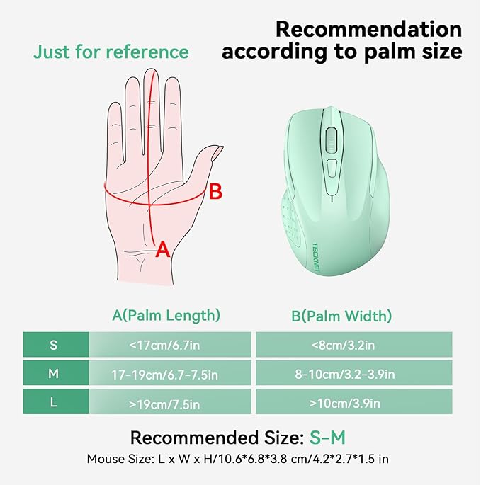 TECKNET Wireless Mouse (BT5.0/3.0 & 2.4G) Rechargeable 4800 DPI Silent USB A & Bluetooth Mouse 6 Buttons, Wide Compatibility - Green