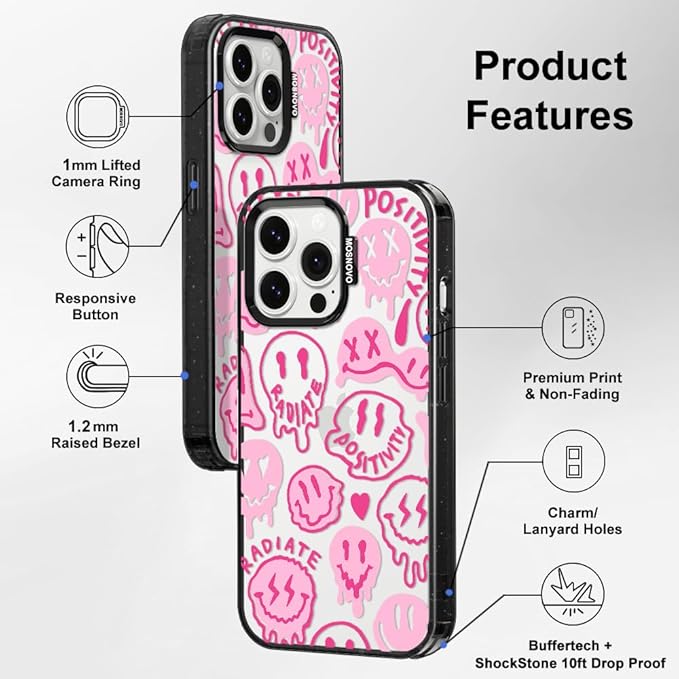 MOSNOVO Case for iPhone 14 Pro Max, [10ft 4X Military-Grade Drop Protection] Durable & Shockproof Phone Case Cover Design for iPhone 14 Pro Max - Pink Dripping Smiles - Clear Black