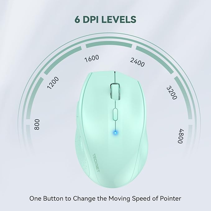 TECKNET Bluetooth Mouse, 4800 DPI Wireless Mouse, 2-Year Battery 6 Adjustable DPI, 6 Buttons Compatible with Laptop/Windows/Computer - Green