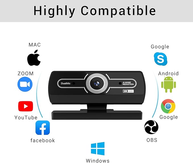 2K Webcam,Webcams for PC, AutofocusNoise Cancellation,Plug & Play USB Web cam for Laptop, Desktop, PC, Mac, Zoom, Skype, Streaming