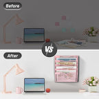 EASEPRES 5 Pocket Mesh Hanging Wall File Organizer, Wall Mounted Mail Paper Document Folder Holder, Clipboard Storage Organization Magazine Rack with Nametag Label for Office Home School, Pink