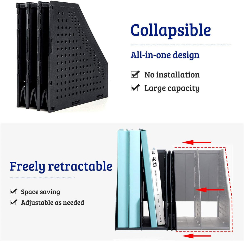 SAYEEC Collapsible Magazine Holder Plastic Desktop 4 Compartment File Rack Magazine Organizer Vertical File Divider Sorter Storage Document Organizer for Office Home School Black