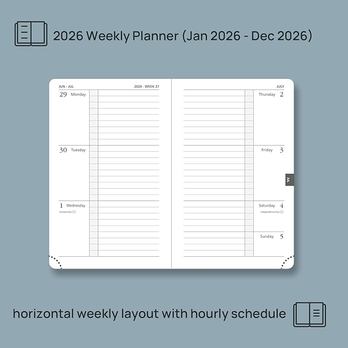 POPRUN Weekly Planner 2026 Calendar (Pocket 4'' x 6.25'') 12 Months Notebook with Horizontal Layout, Leather Hardcover, Inner Pocket, 100GSM Thick Paper, Pen Holder TJ - Black