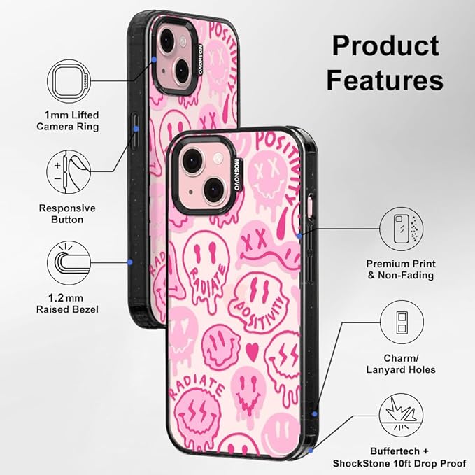 MOSNOVO Case for iPhone 15 Plus, [10ft 4X Military-Grade Drop Protection] Durable & Shockproof Phone Case Cover Design for iPhone 15 Plus / 14 Plus - Pink Dripping Smiles - Clear Black